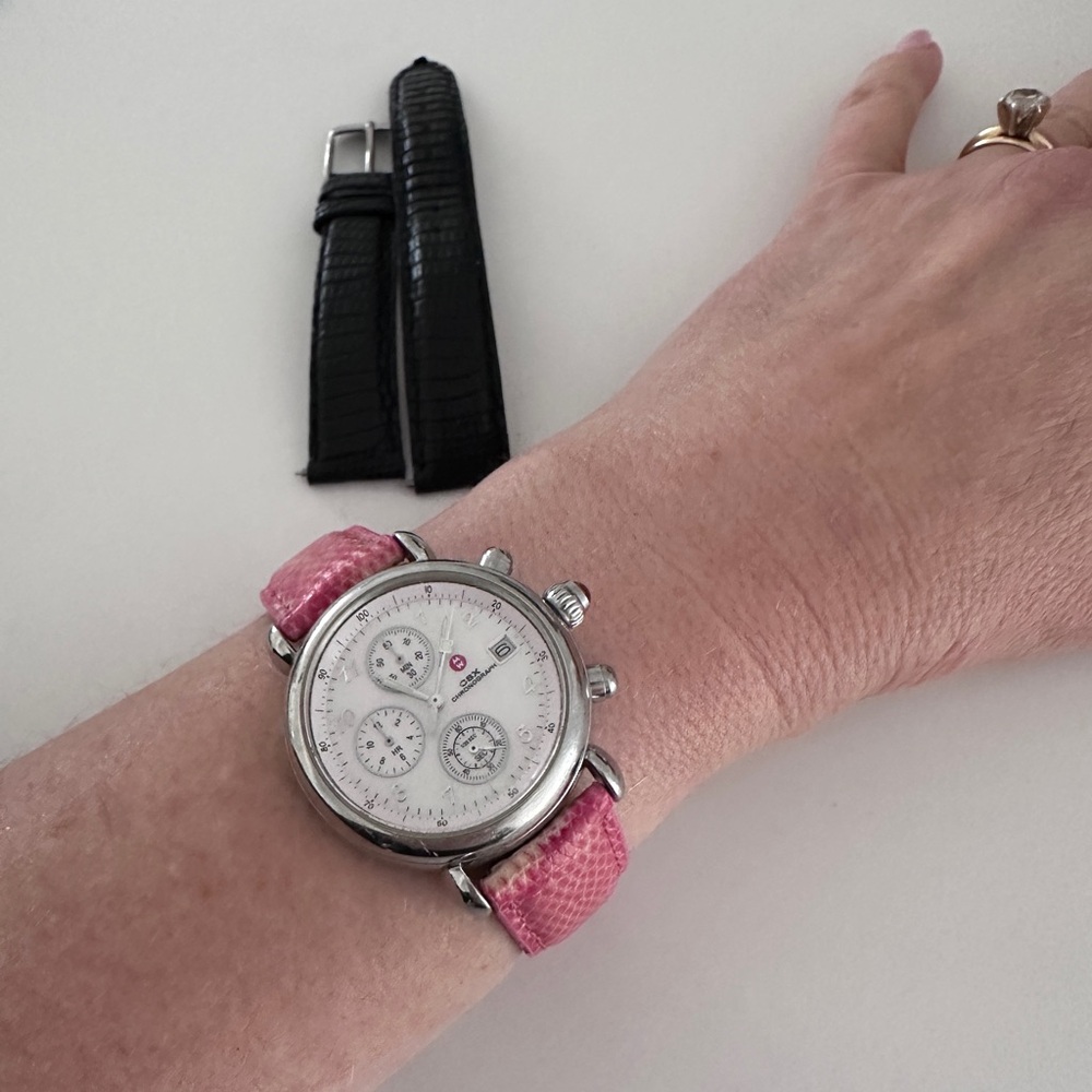 Michele Stainless Chronograph Watch Y2K with pink and black leather straps - Picture 7 of 8